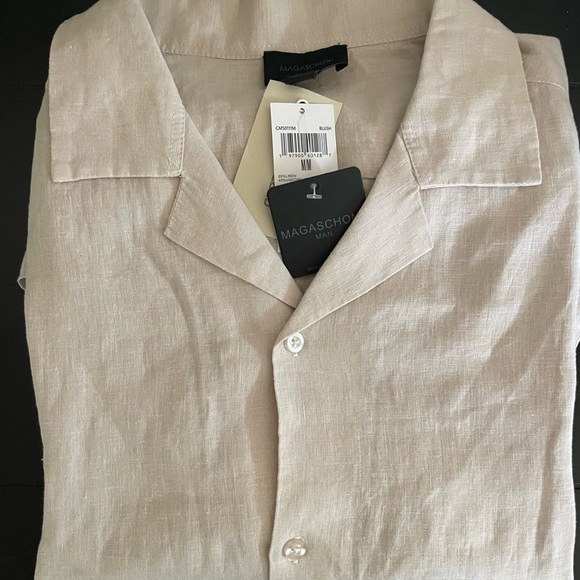Magaschoni Men's Beige European Linen Blend Casual Button Down Shirt - Picture 5 of 9